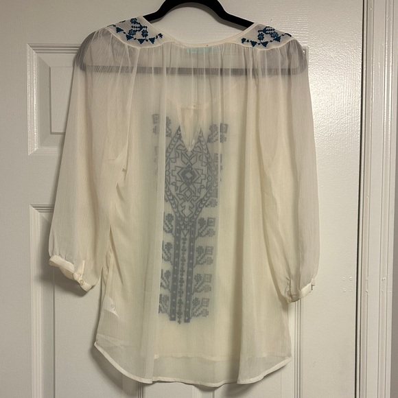 Maurices Boho Embroidered Sheer Peasant Blouse | Ivory & Blue - Picture 9 of 11